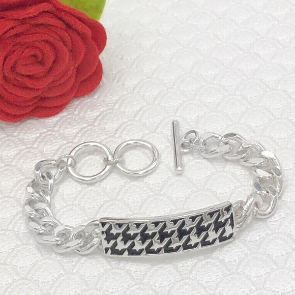 🌼 Houndstooth Bar Silver Chain Bracelet - Picture 1 of 3